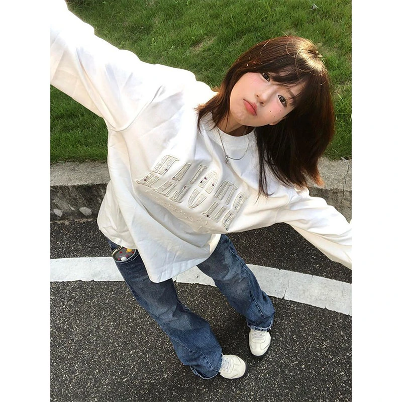 美式高街设计感长袖T恤女春秋季小众别致字母刺绣宽松学生上衣潮