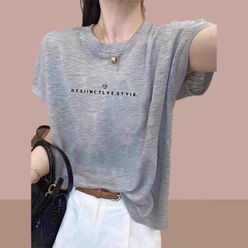 灰色冰丝短袖T恤女2025新款夏季高级感薄款欧货小衫爆款上衣