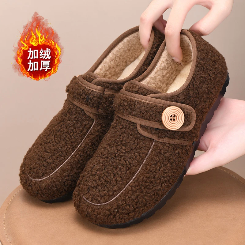 复古加绒平底女棉鞋老北京布鞋可爱圆头博肯鞋毛绒保暖豆豆棉鞋