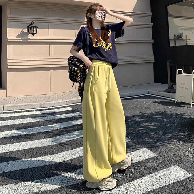 2024年季式复古奶黄色宽松阔腿裤高腰抽束裤休闲裤长裤
