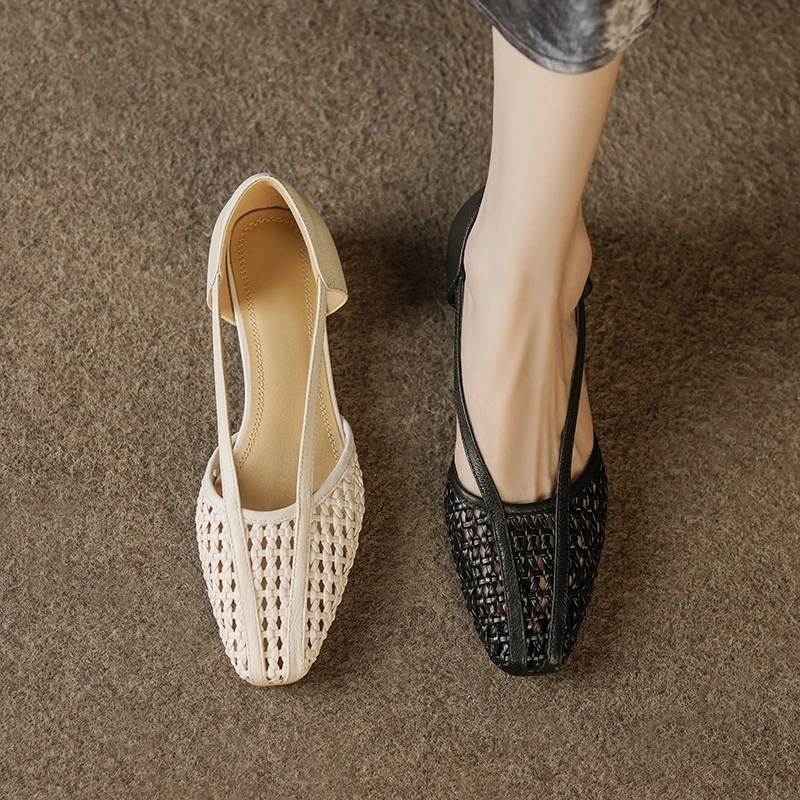 3cm/法式夏季镂空女鞋新款时尚方头透气编织粗跟鞋子女中跟单鞋女