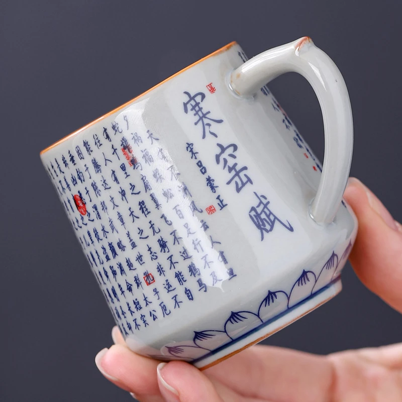 复古老陶泥茶杯陶瓷功夫茶具品茗杯防烫带把主人杯青花瓷大号单杯