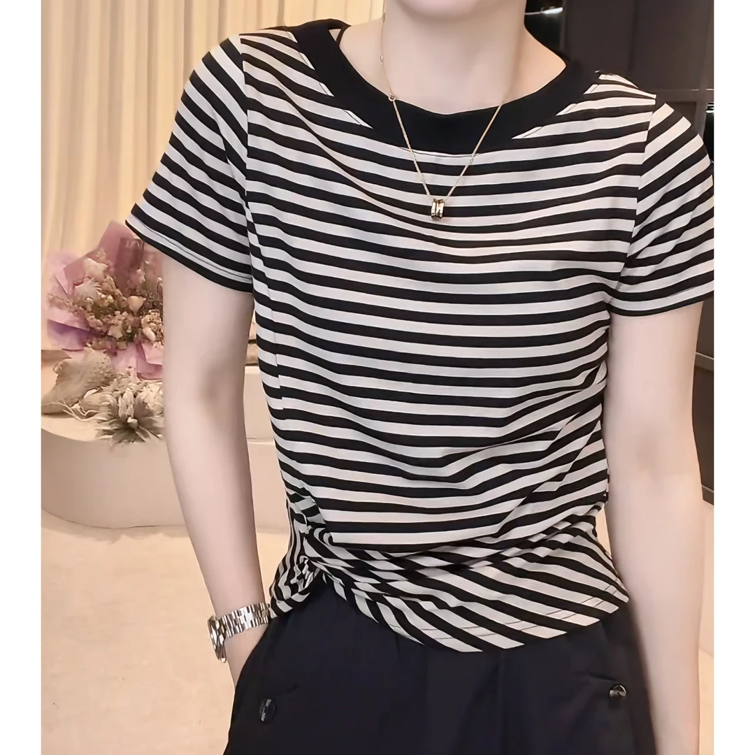 欧洲站2025夏季新款一字领设计设计感时尚百搭短袖显瘦上衣女洋气