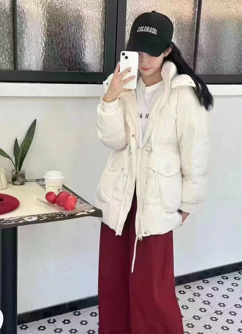 女装外套短款韩版女连帽百搭厚款时尚中长款纯色冬季收腰