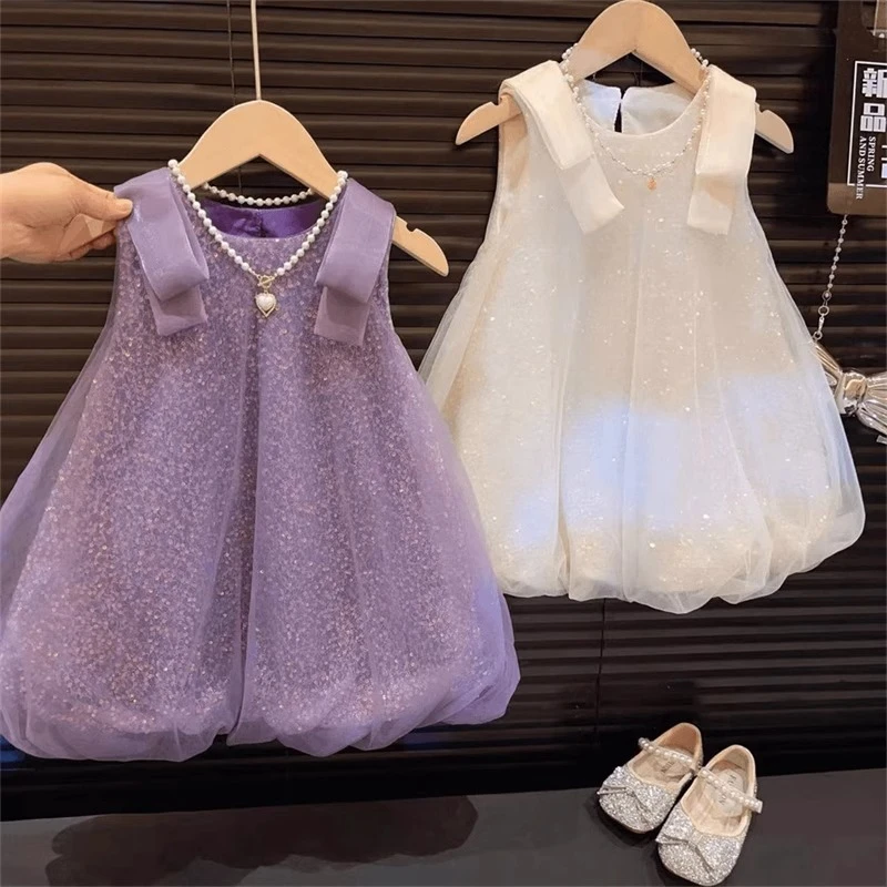 女童花苞亮片网纱公主裙2025夏季新款儿童亮闪闪沙滩度假背心裙子