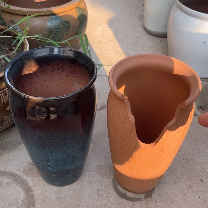 紫砂花盆高25口14两个微瑕