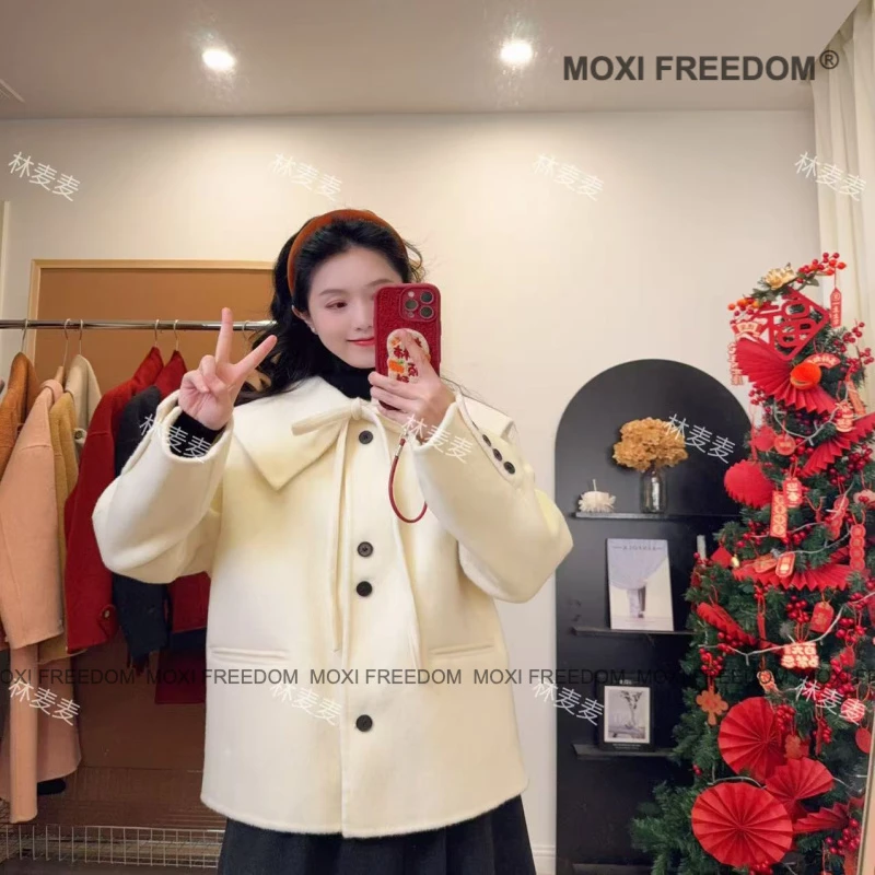 【樱桃卷】红色小个子海军娃娃领短款双面羊毛呢大衣外套女装