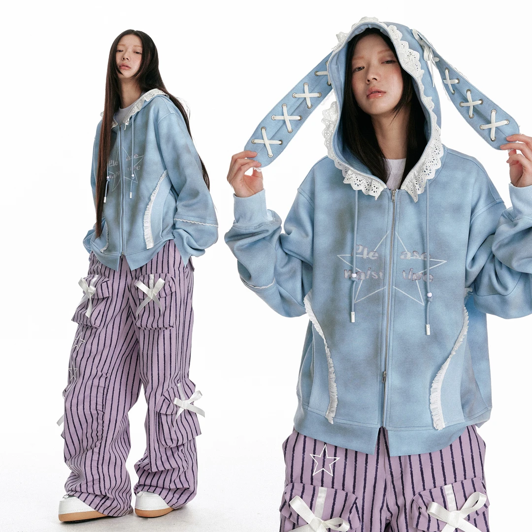 【直播间清仓款no退no换】连帽拼接蕾丝针织卫衣开衫外套女冬