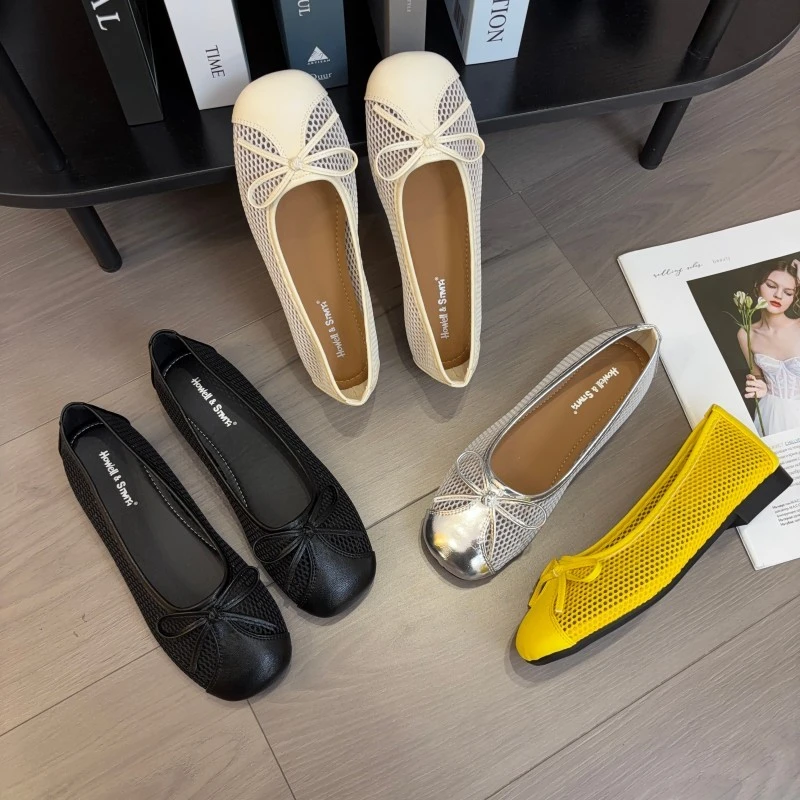 镂空编织渔网单鞋女2025夏季透气网纱蝴蝶结芭蕾鞋平底玛丽珍单鞋