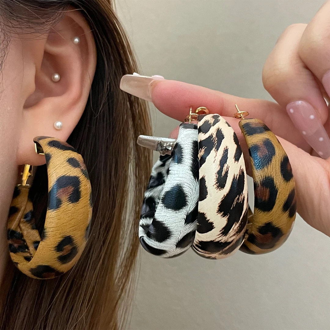 非金属布艺耳饰 美拉德色系豹纹多色耳圈5cm