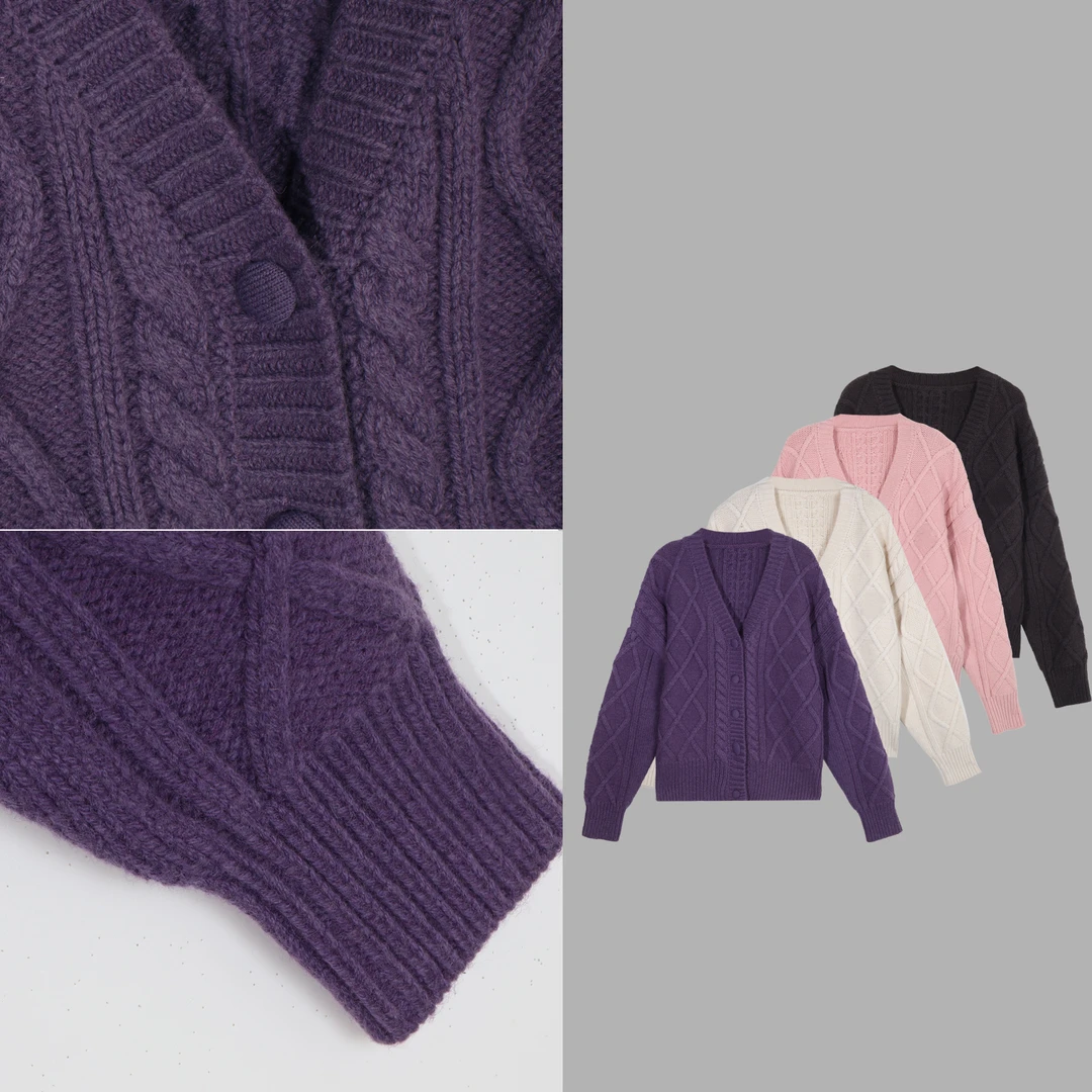 凯特丝蓓3499#【丝霖】麻花菱格V领针织开衫女冬新款毛衣外套