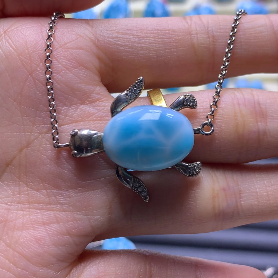 针钠钙石（海纹石）银S925镶嵌手链银龟手链色差略异