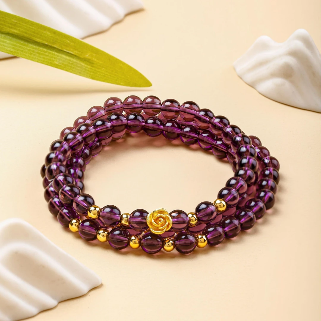 【黄金补贴M】足金玫瑰花搭配天然紫水晶100颗手串（证书礼盒）WW888