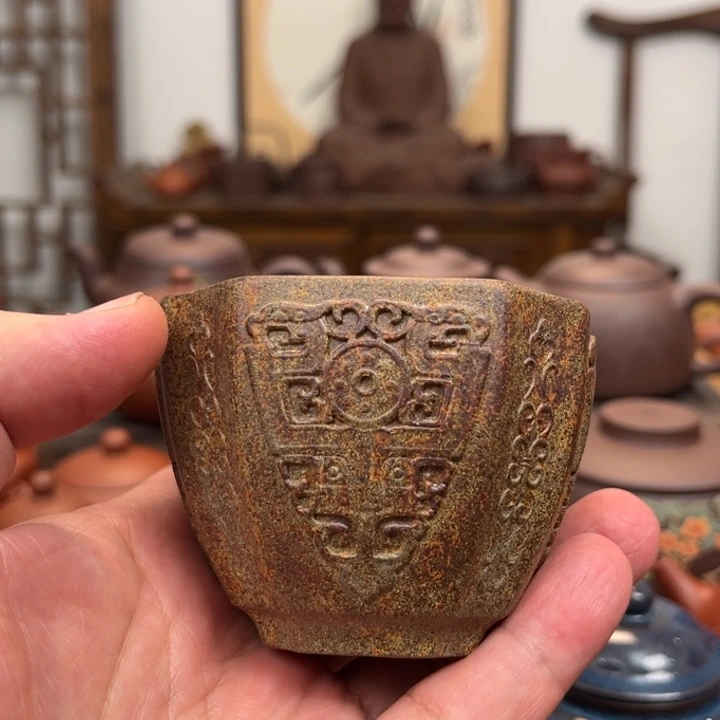 紫砂泥四方柴烧杯青段容量120cc