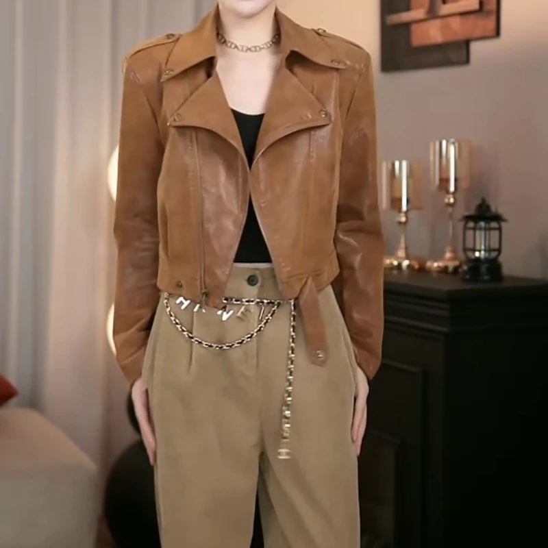 欧货西装领短款pu皮外套女春秋新款时尚洋气百搭炸街小个子皮夹克