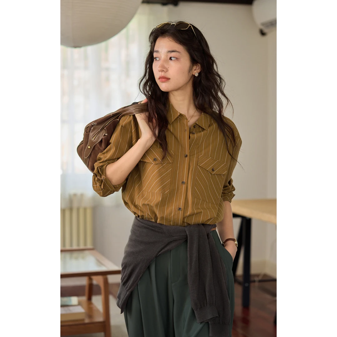 solighter 法式复古黄色条纹长袖衬衫女秋季5I0909C01X1