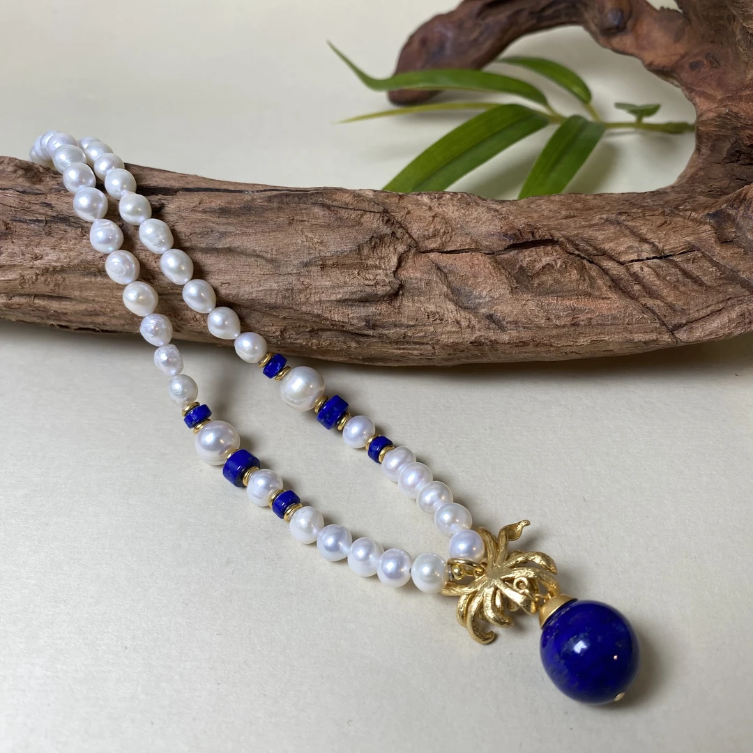 【央网专属】银饰青金石珍珠项链贵妃  BG-XL3409A 多样性发其一