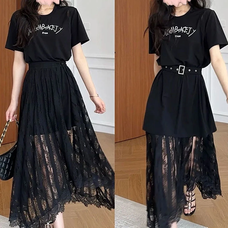 香朵儿时尚感字母印花T恤半身裙套装女士2025年夏季新款洋气衣服