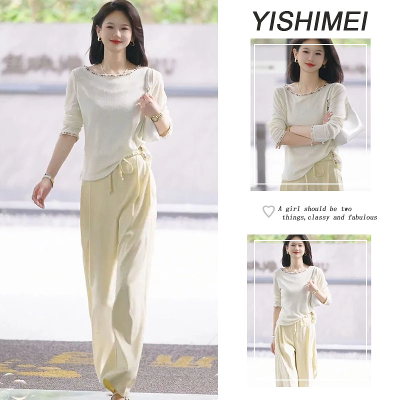 夏季温柔系穿搭女2025新款韩版洋气减龄上衣休闲通勤裤子两件套装