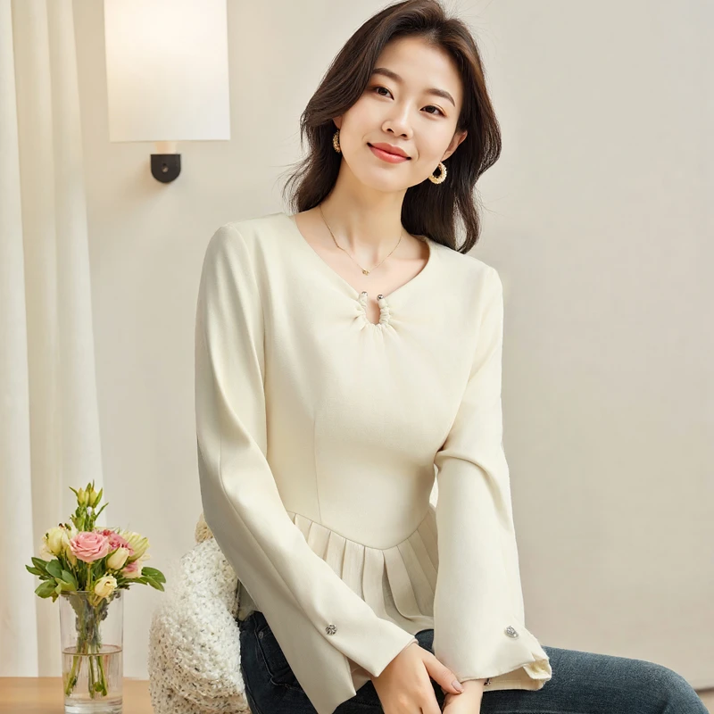 雪纺短款长袖衬衫女春秋轻奢减龄气质上衣百搭收腰时尚漂亮小衫05
