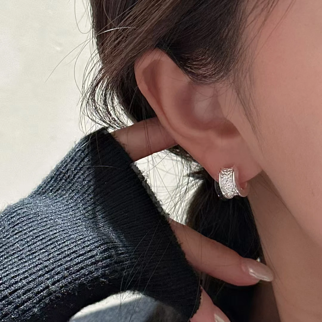 925银耳饰 C形肌理冷淡风素银耳钉ins极简百搭小众设计款耳环轻奢