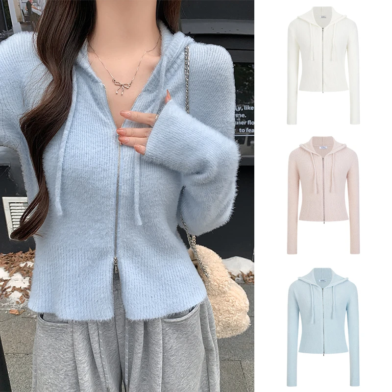 Moses Queen/魔西女王高级仿貂绒设计针织开衫女连帽保暖上衣外套