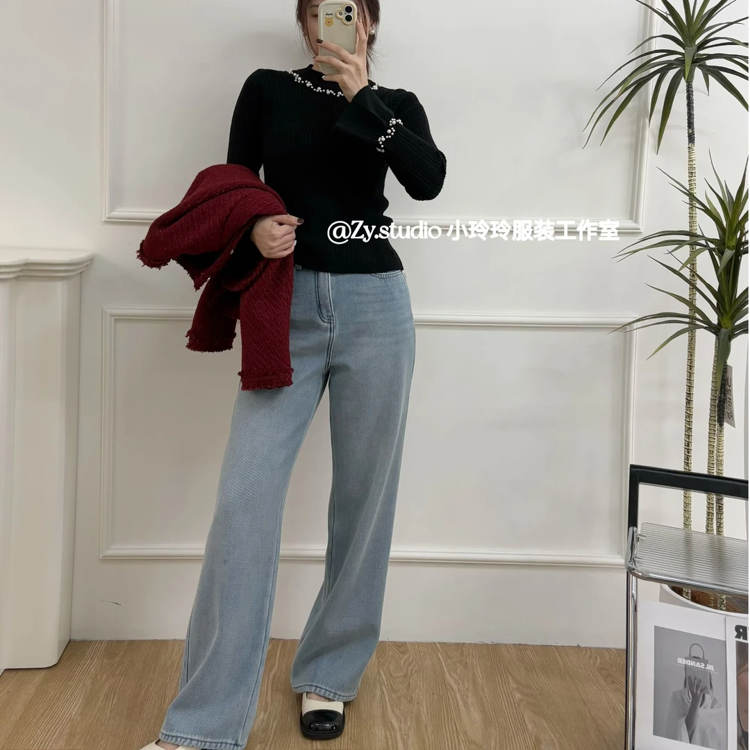 浅蓝色窄版牛仔阔腿裤（加绒）37031