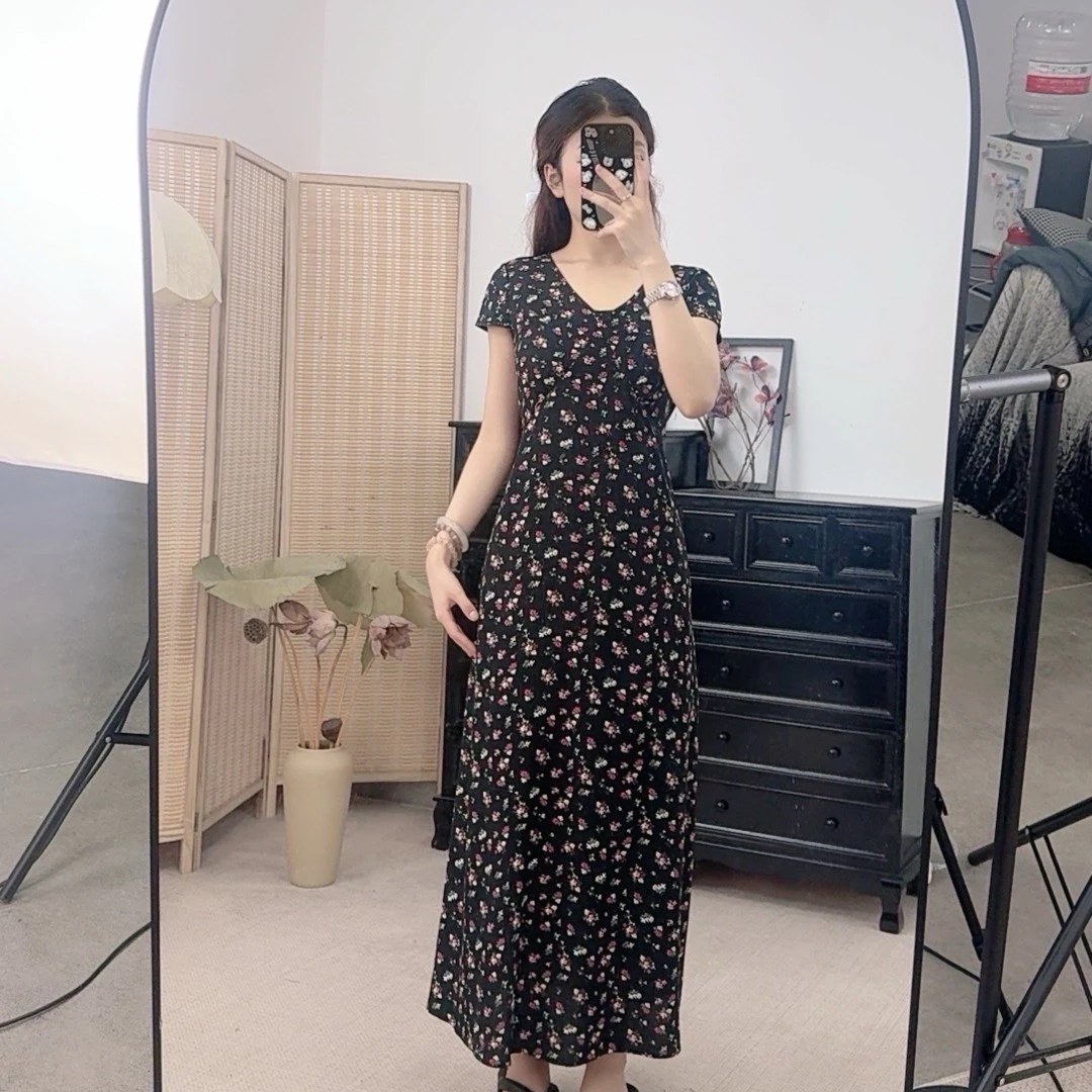 【A8084】时尚显瘦V领短袖连衣裙