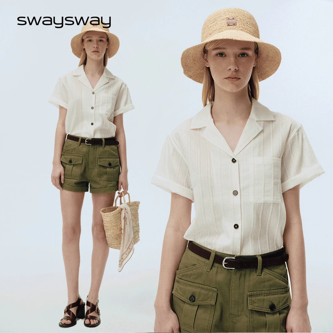 swaysway“悠长假期”古巴领镂空透气宽松廓形度假感衬衫
