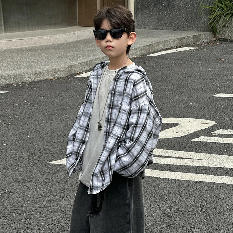 HY2587男童格子衬衫2025春季新款儿童韩版洋气连帽上衣中小童上衣