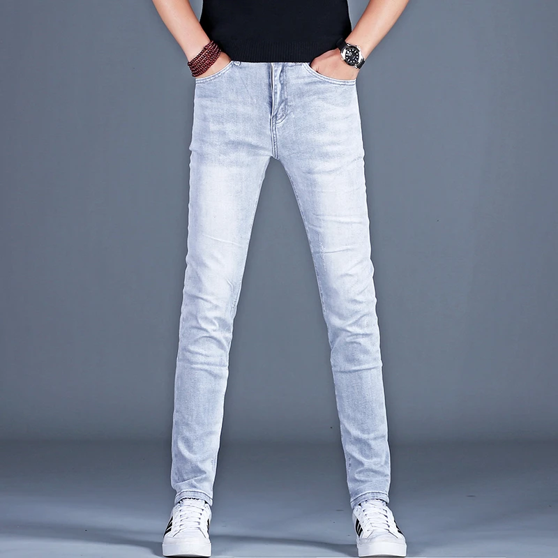 夏季2025时尚修身薄款韩式基础大众印花牛仔裤时尚男装cleanfit风