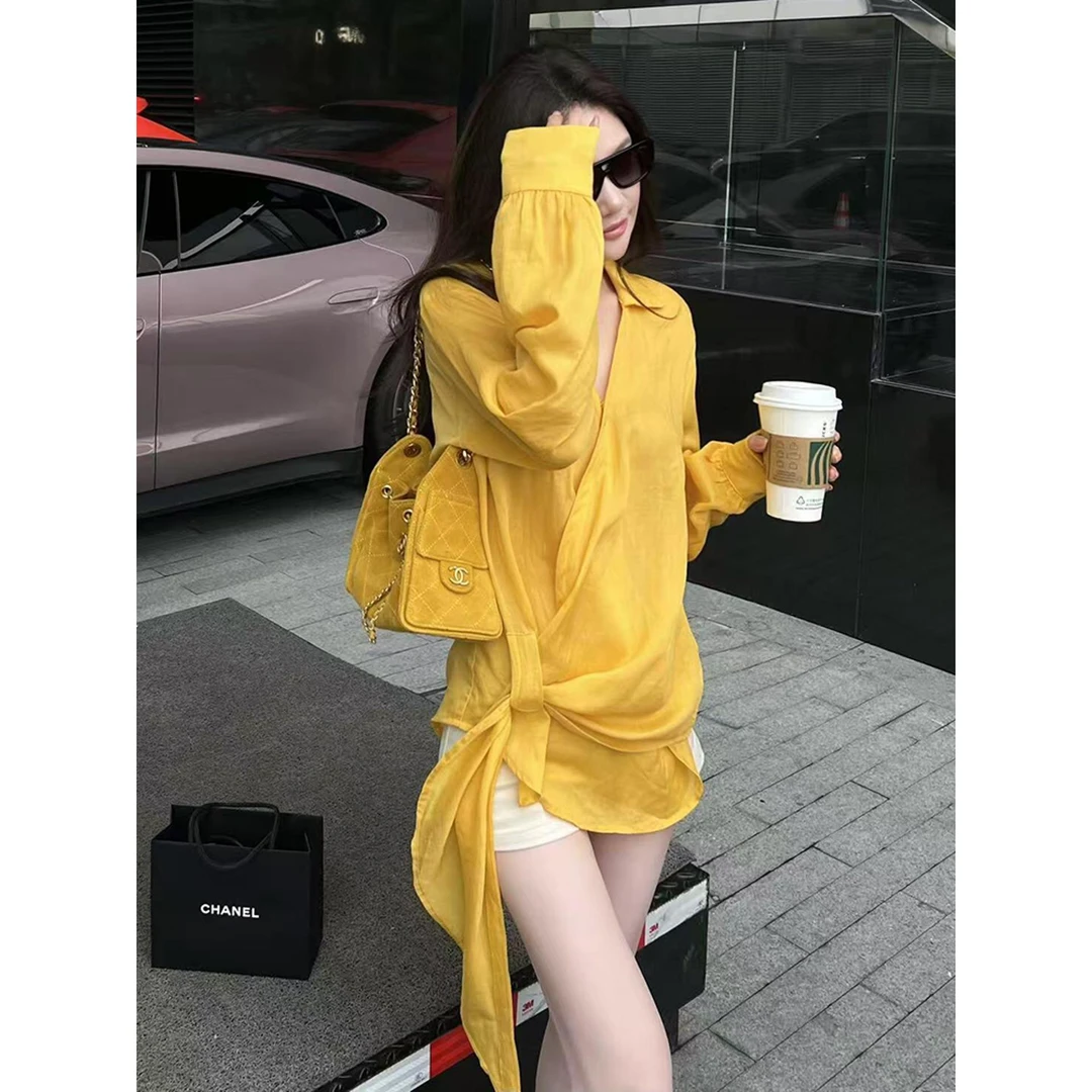 法式小资小上衣轻熟小众不撞款洋气减龄多巴胺通勤黄色亚麻衬衫秋