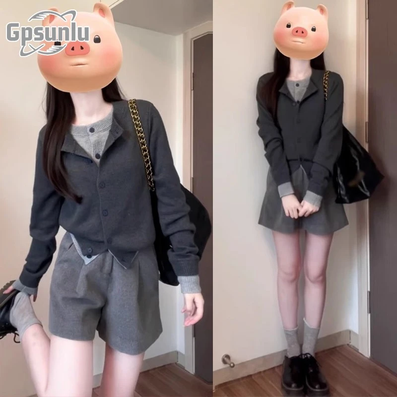 gpsunlu假两件上衣新款秋季韩系高初秋穿搭韩系翻领学生毛衣开衫