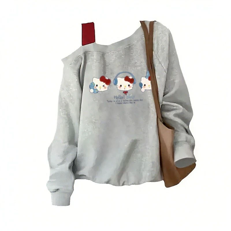 【ZHAP】显瘦秋冬款宽松斜肩卫衣女浅灰色爆款宽松遮肉通勤小众斜领