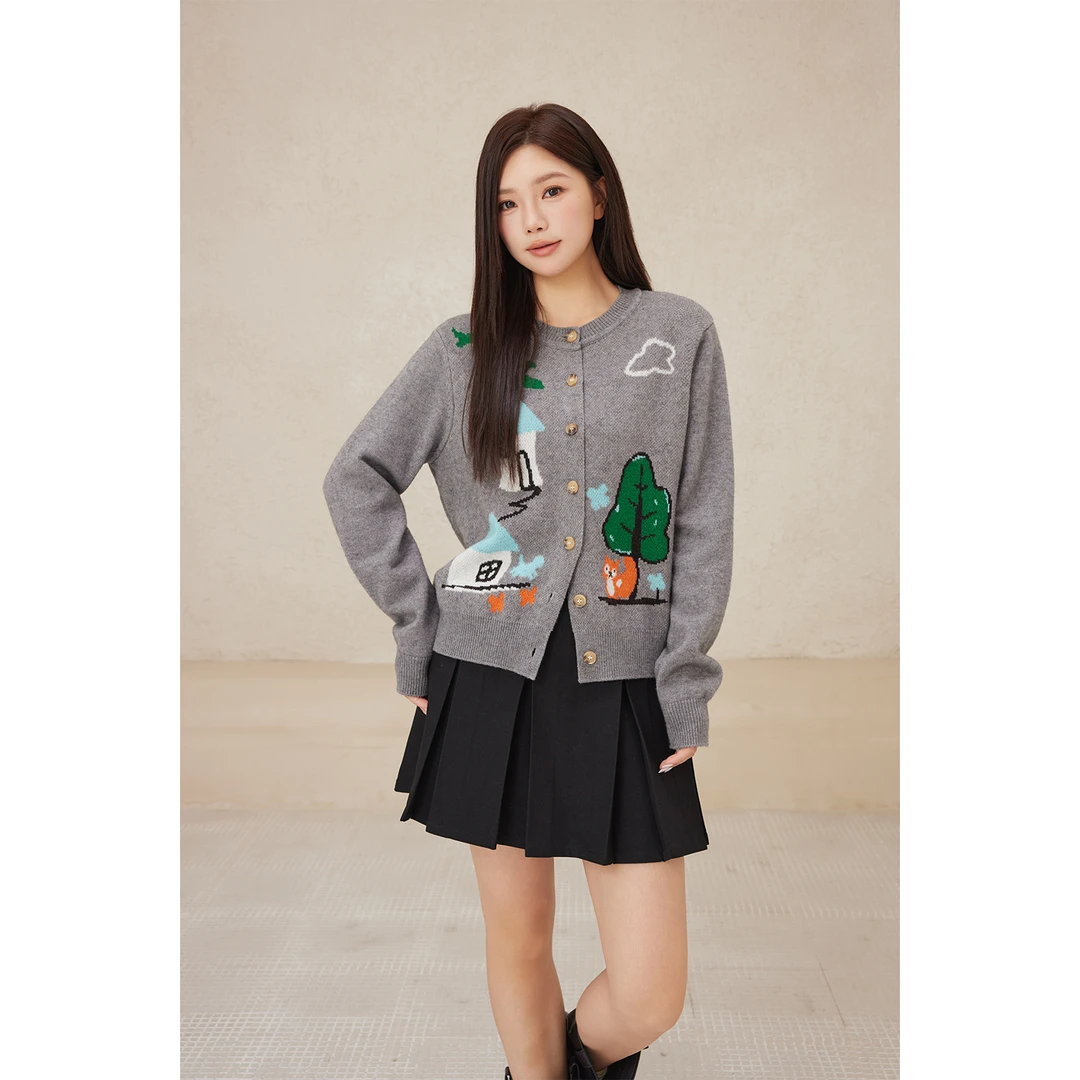 PLUSMALL 灰绒童话 miu系穿搭圆领正肩趣味花针织开衫女PM2509065