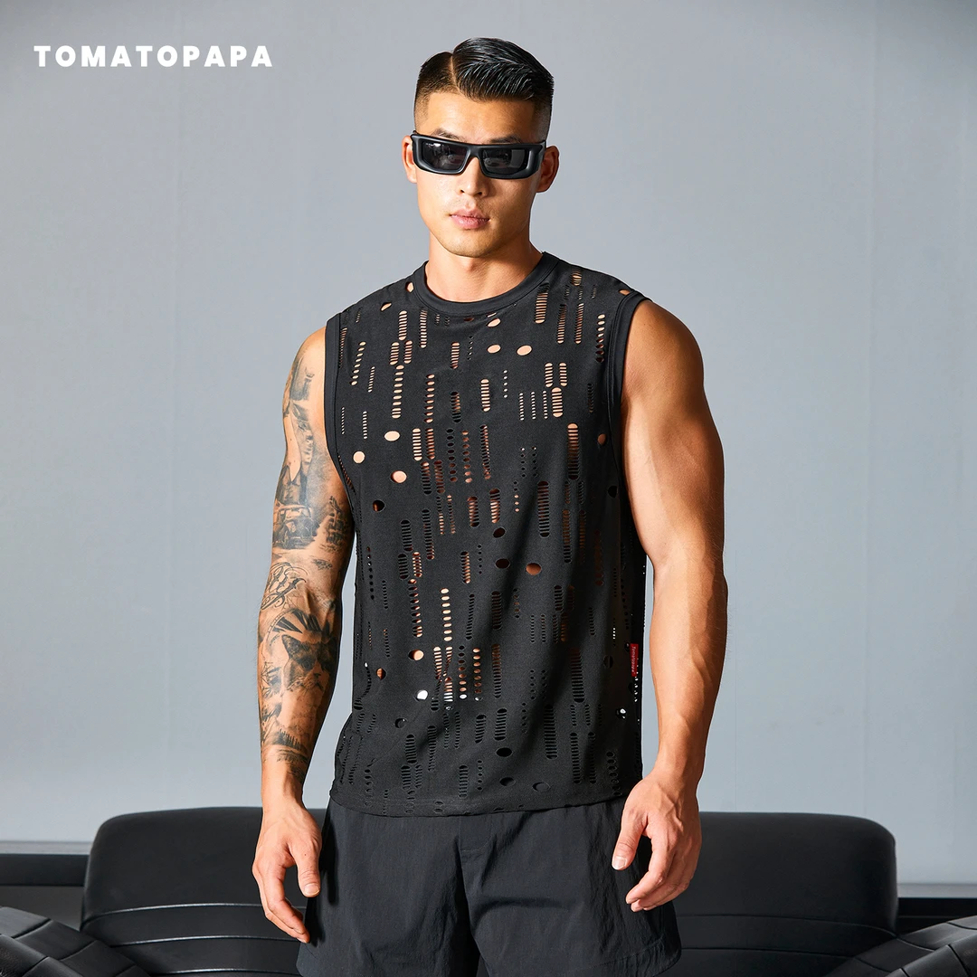 TOMATOPAPA夏季镂空背心潮牌运动坎肩无袖T恤休闲凉感不规则破洞
