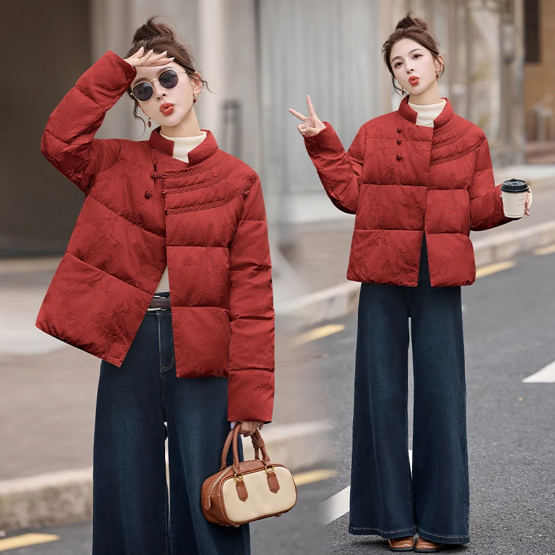 2025年新款冬季立领新中式国风提花羽绒服女士短款高端洋气小个子