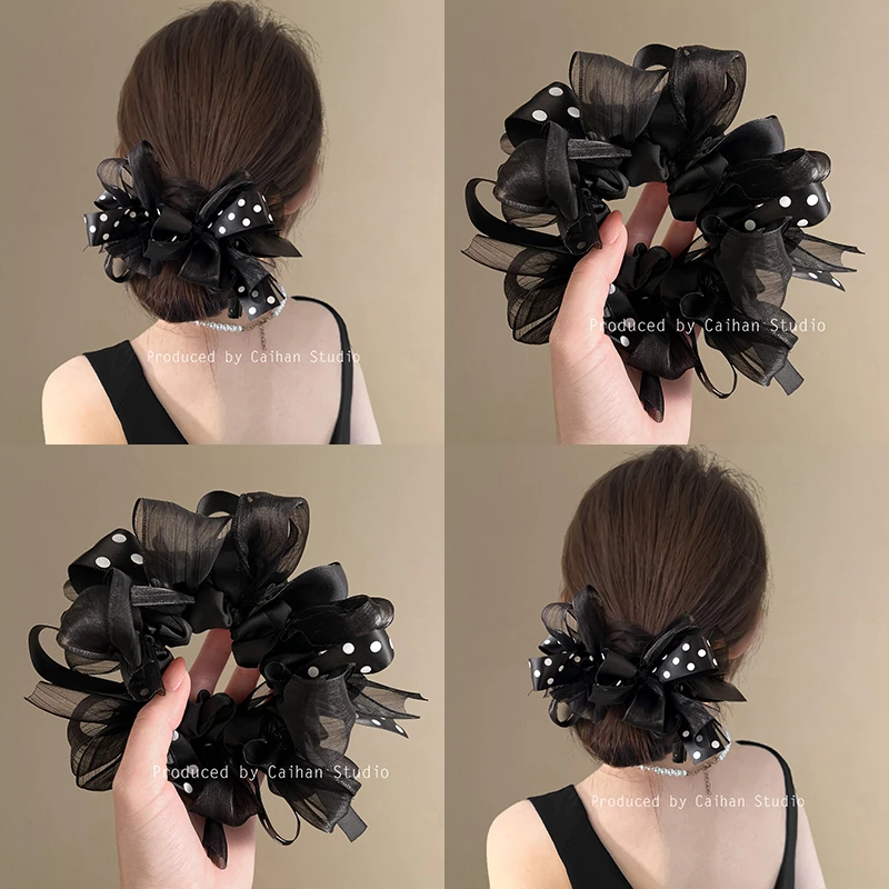 波点圆舞曲~韩系网纱蝴蝶结发圈女高级感优雅气质丸子头头花发饰