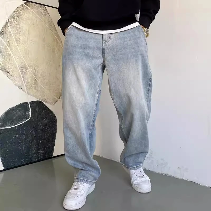 特大码美式休闲痞帅复古怀旧浅蓝色牛仔裤男直筒宽松百搭阔腿裤子