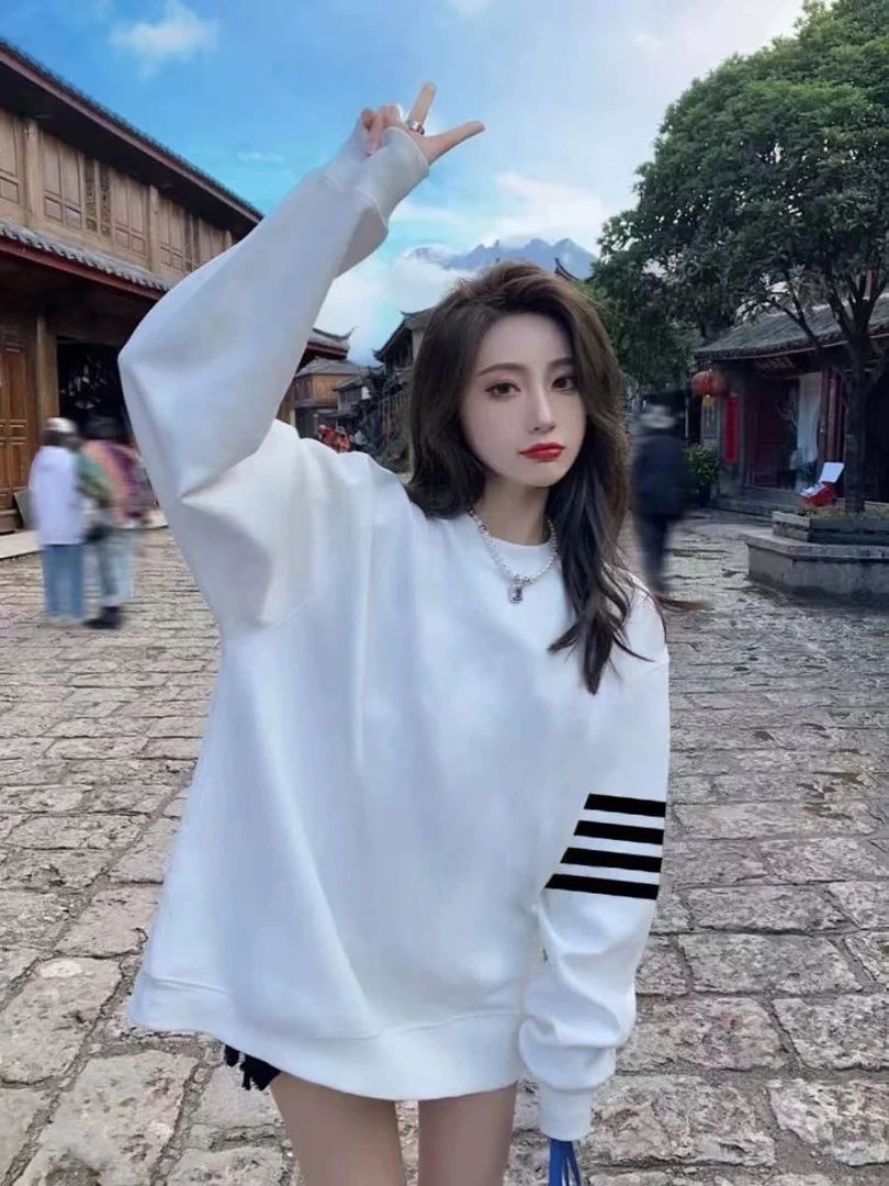 8008 卫衣女春秋薄款外套女宽松慵懒风上衣潮牌美式复古圆领