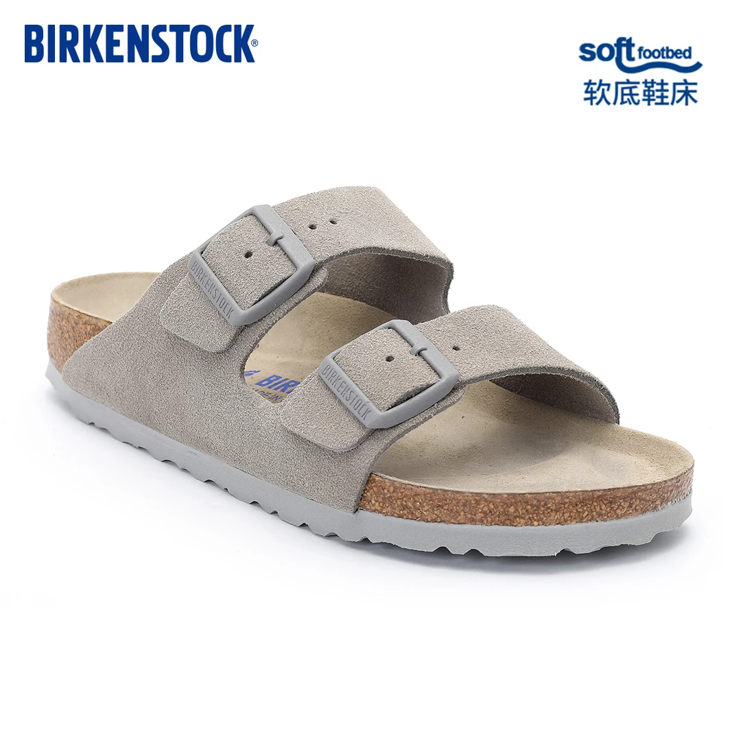 BIRKENSTOCK勃肯德国进口女款牛皮绒面革软底灰色Arizona双扣拖鞋