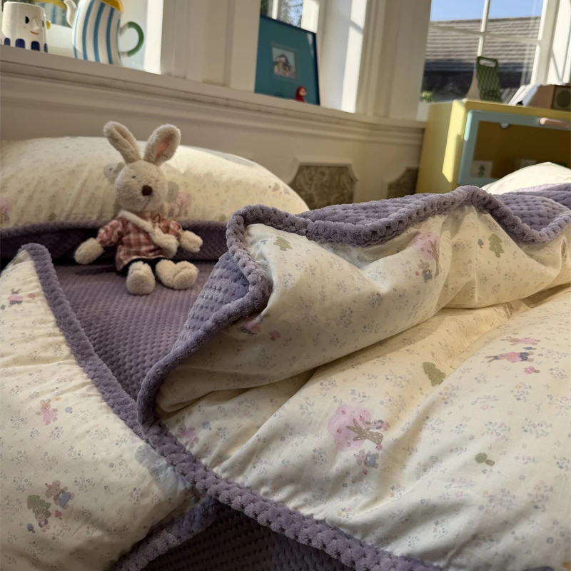 易安阁保暖少女心双层纱加华夫格提花绒小熊紫四件套1.5m1.8米