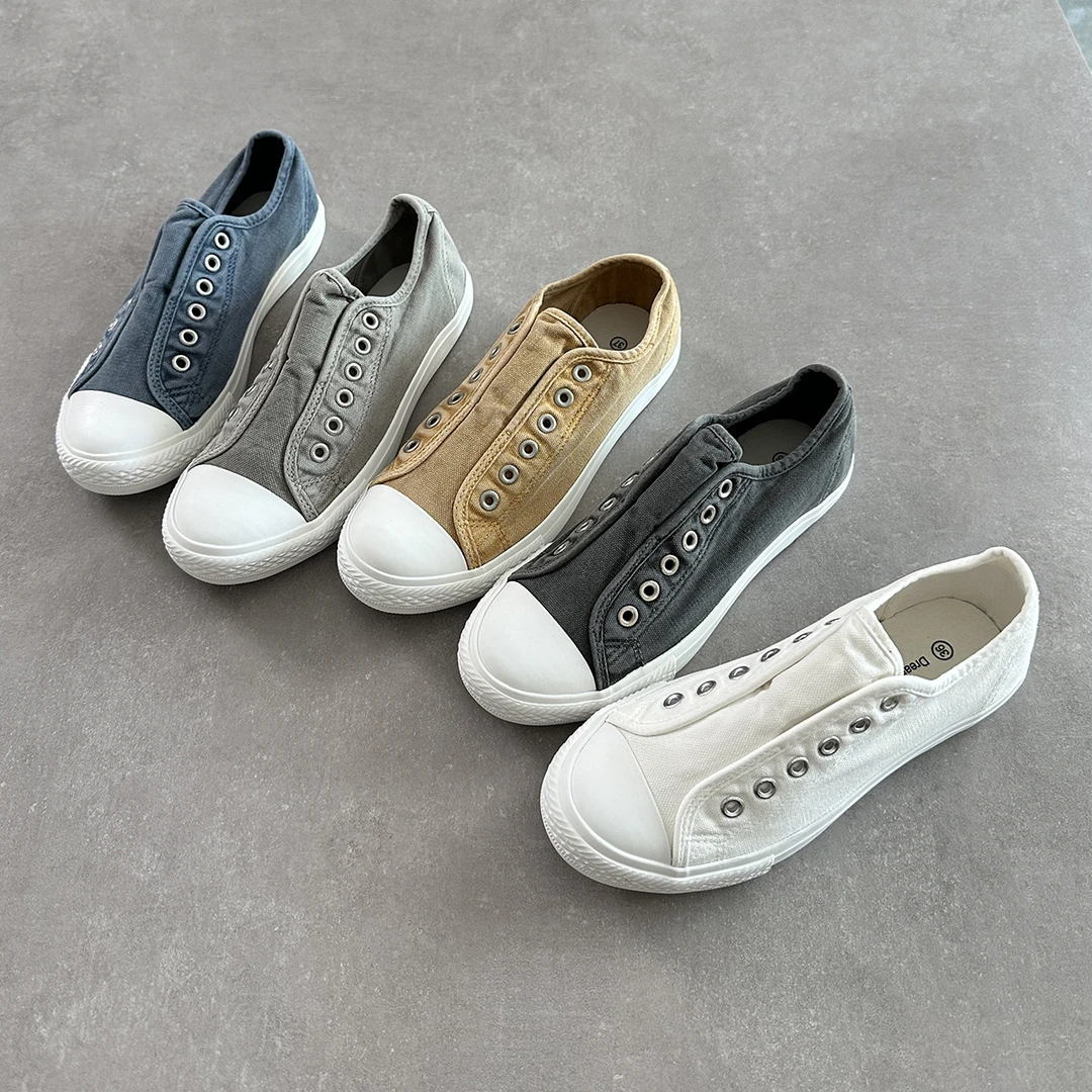 2025韩版一脚蹬帆布鞋低帮百搭懒人鞋舒适软底休闲女鞋防滑底多扣