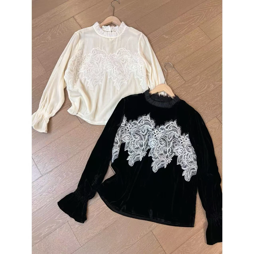 JOJO/玖了个玖 2024秋冬 波浪蕾丝贴布绣丝绒圆领上衣 2412B6066