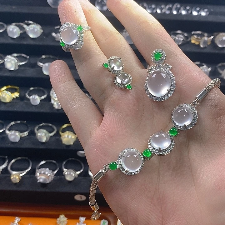 ༒****石英质玉银S925镶嵌戒指