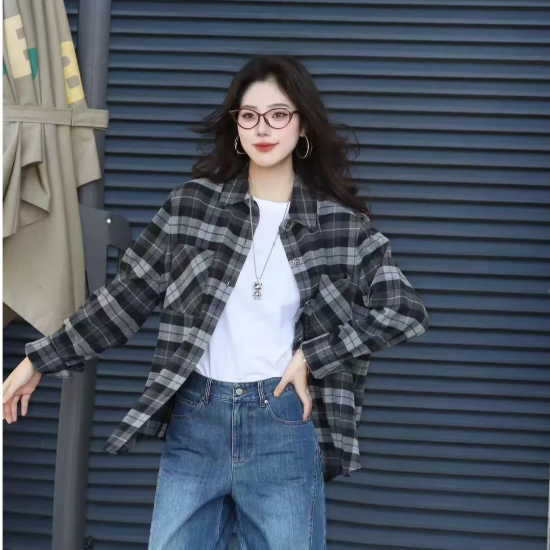 哥弟美拉德风通勤百搭复古单排扣衬衣宽松格纹长袖衬衫女1400458