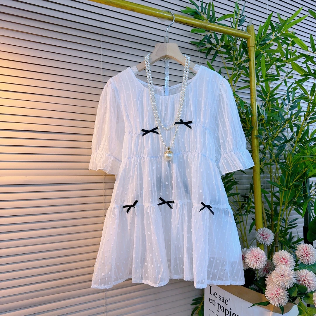 2135胖mm欧货韩系甜美减龄纯色宽松遮肉显瘦百搭款蝴蝶结雪纺短袖