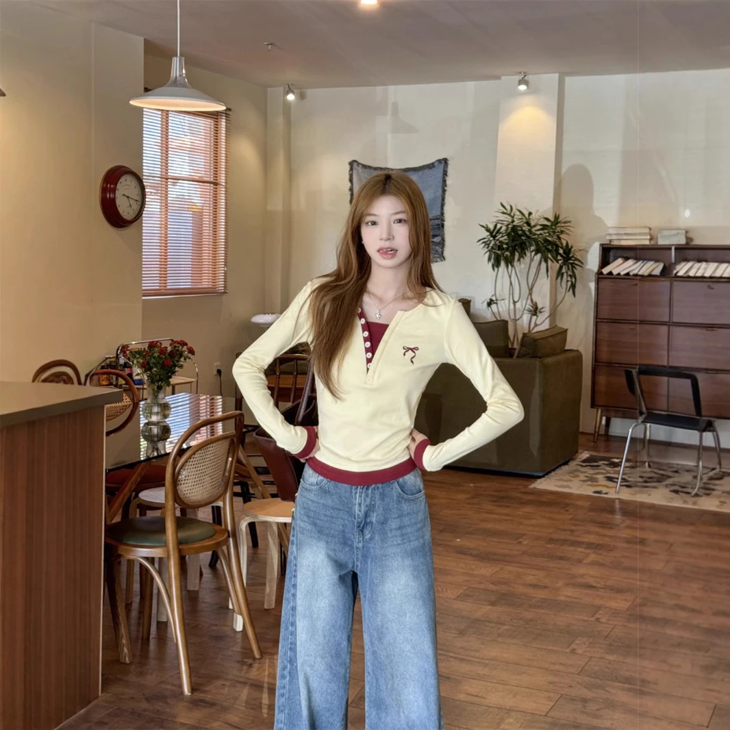蝴蝶结假两件长袖T恤女春秋季新款独特别致内搭韩系chic内搭上衣
