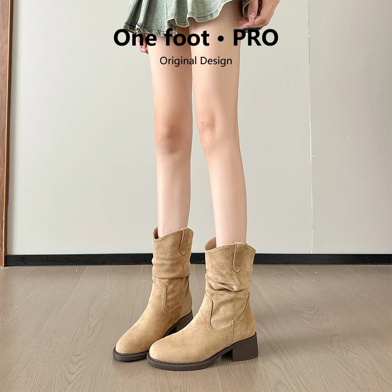 内增高真皮堆堆靴女2025新款西部牛仔靴复古骑士靴粗跟短靴859-1