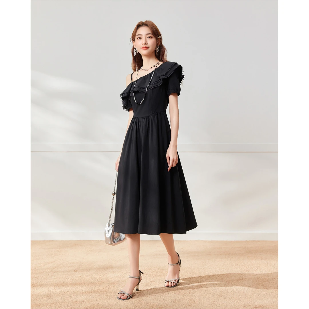 IEF/爱依服2025夏季新款优雅气质小众法式包袖短袖连衣裙